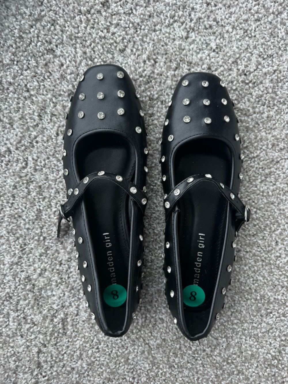 Black Studded Mary Jane Flats with Rhinestones